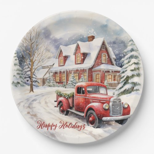 Vintage Red Farm Truck Decorated For Christmas Paper Plates
