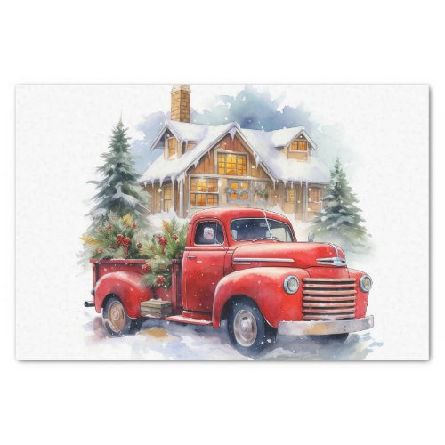 Vintage Red Farm Truck Decorated For Christmas Tissue Paper