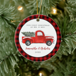 Vintage Red Farm Truck   First Christmas Mr & Mrs Ceramic Ornament