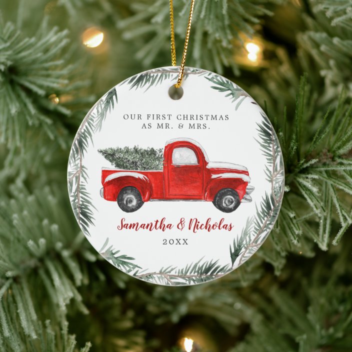 Vintage Red Farm Truck | First Christmas Mr &amp; Mrs Ceramic Ornament | Zazzle.com
