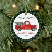 Vintage Red Farm Truck | First Christmas Mr & Mrs Ceramic Ornament