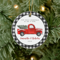 Vintage Red Farm Truck | First Christmas Mr & Mrs Ceramic Ornament