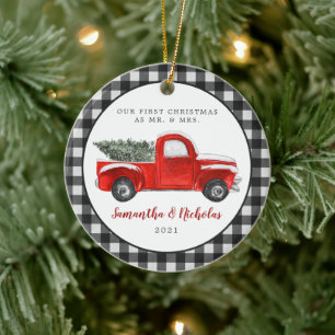 Vintage Red Farm Truck First Christmas Mr & Mrs Ceramic Ornament