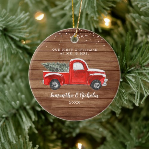 Vintage Red Farm Truck  First Christmas Mr  Mrs Ceramic Ornament