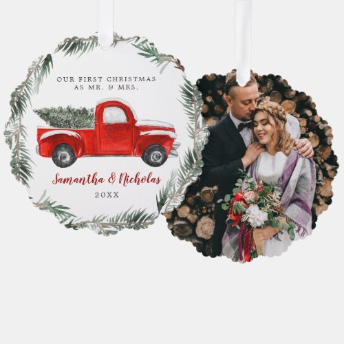 Vintage Red Farm Truck  First Christmas Mr  Mrs Ornament Card
