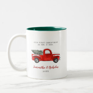 Vintage Red Farm Truck   First Christmas Mr & Mrs Two-Tone Coffee Mug