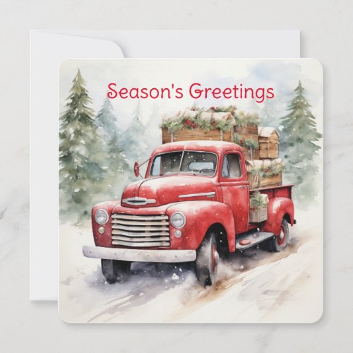 Vintage Red Farm Truck Loaded For Christmas Holiday Card