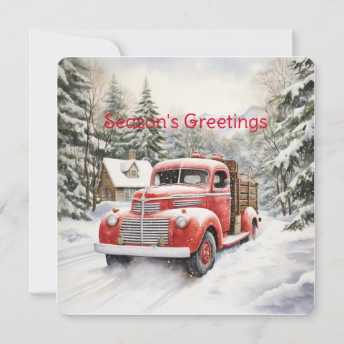 Vintage Red Farm Truck Loaded For Christmas Holiday Card