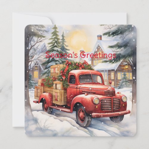 Vintage Red Farm Truck Loaded For Christmas Holiday Card