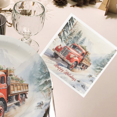 Vintage Red Farm Truck Loaded For Christmas Paper Dinner Napkins