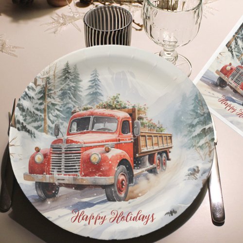 Vintage Red Farm Truck Loaded For Christmas Paper Plates