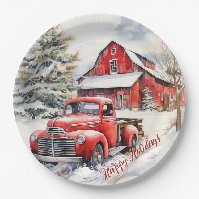 Vintage Red Farm Truck Red Barn Paper Plates (Front)