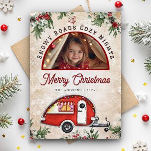Vintage Red Festive Camper Arch Photo Christmas Holiday Card