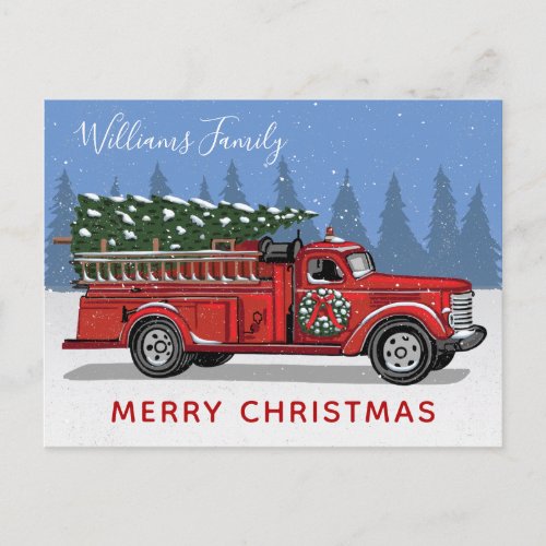 Vintage Red Fire Truck Christmas Tree Family Name Holiday Postcard
