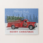 Vintage Red Fire Truck Christmas Tree Family Name Jigsaw Puzzle<br><div class="desc">Gather round with your family and put together this jigsaw puzzle perfect for firefighters. This design features a red vintage fire truck carrying a freshly cut green Christmas tree in a snowy scene. The words "Merry Christmas" spelled out in simple red typography and your name above to personalize in hand...</div>