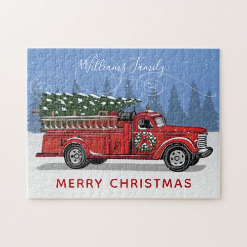 Vintage Red Fire Truck Christmas Tree Family Name Jigsaw Puzzle