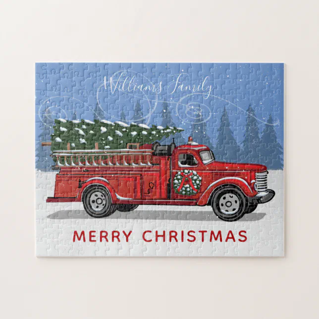 Vintage Red Fire Truck Christmas Tree Family Name Jigsaw Puzzle | Zazzle