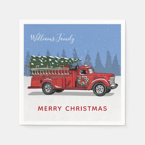 Vintage Red Fire Truck Christmas Tree Family Name Napkins