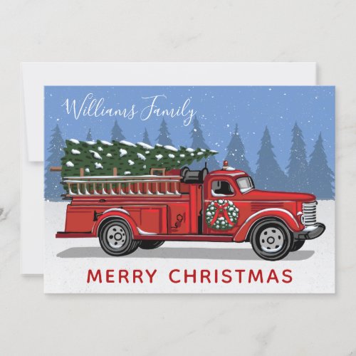 Vintage Red Fire Truck Christmas Tree Monogram Holiday Card