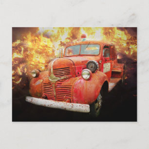 Vintage red fire truck from yesteryear postcard