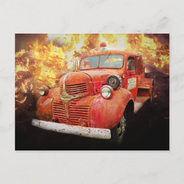 Vintage red fire truck from yesteryear postcard (Front)