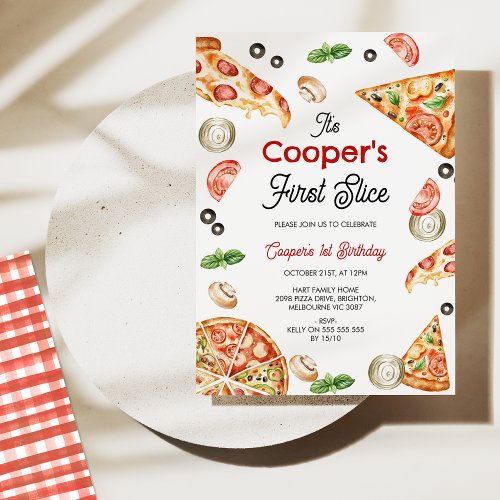 Vintage Red First Slice Pizza 1st Birthday Invitation