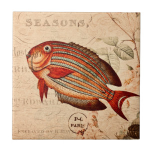 Vintage Red Fish Floral Illustration Ceramic Tile