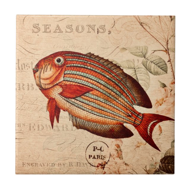 Vintage Red Fish Floral Illustration Ceramic Tile (Front)