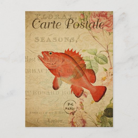 Vintage Red Fish Pink Roses Floral French Postcard