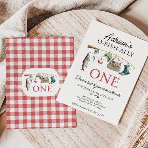 Vintage Red Fishing O-Fish-Ally One 1st Birthday Invitation