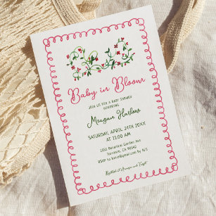 Vintage Red Floral Baby In Bloom Girl Baby Shower Invitation
