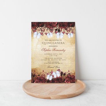 Vintage Red Floral Butterfly Quinceañera   Invitation