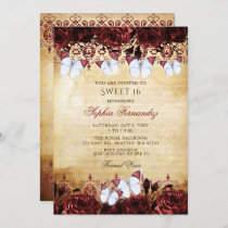 Vintage Red Floral Butterfly Sweet 16 Invitation