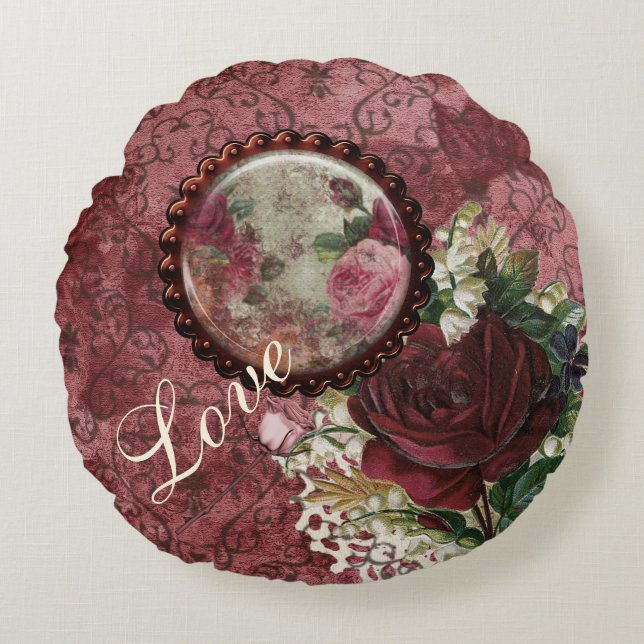 Vintage Red Floral Emphemera Love Round Pillow (Front)