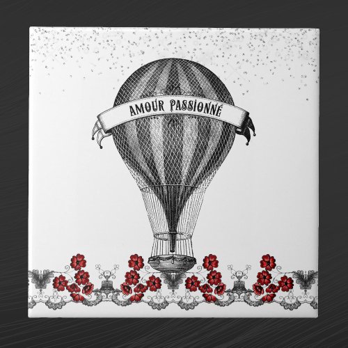 Vintage Red Floral Hot Air Balloon Ceramic Tile