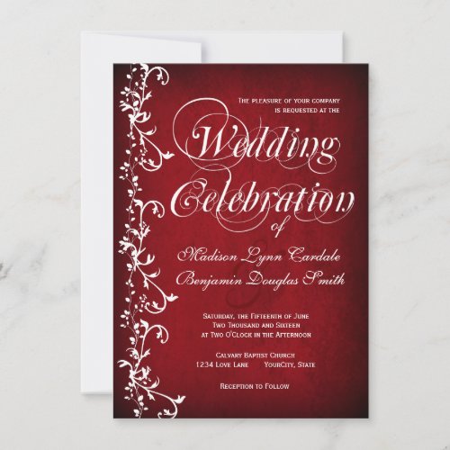 Vintage Red Floral Swirls Wedding Invitations