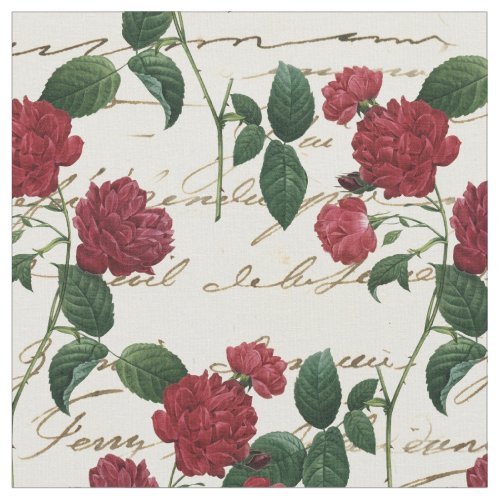 Vintage Red Flowers and Cursive Writing on Ivory Fabric