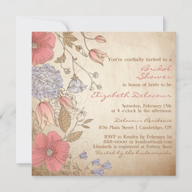 Vintage Red Flowers Bridal Shower Invitation (Front)