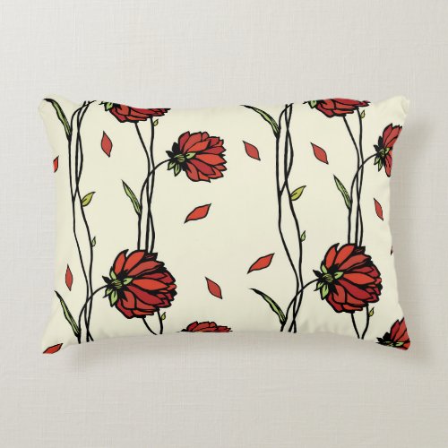 Vintage Red Flowers Illustration Accent Pillow