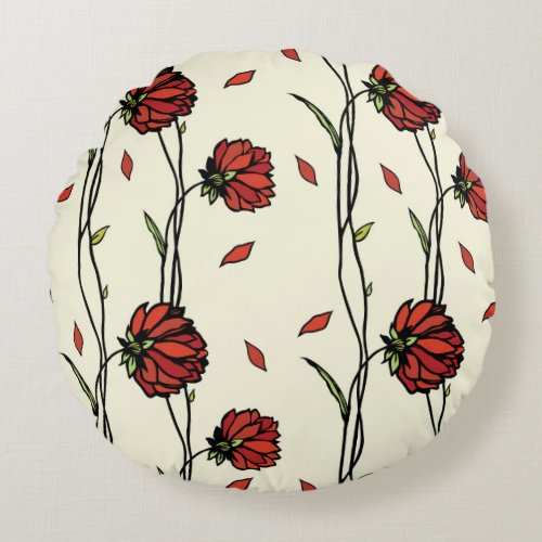 Vintage Red Flowers Illustration Round Pillow