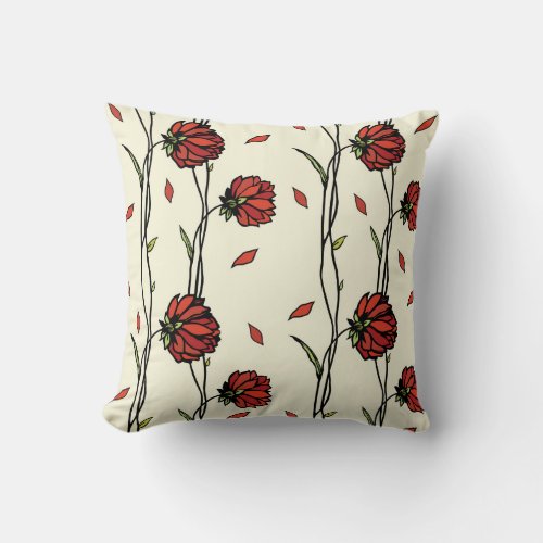 Vintage Red Flowers Illustration Throw Pillow