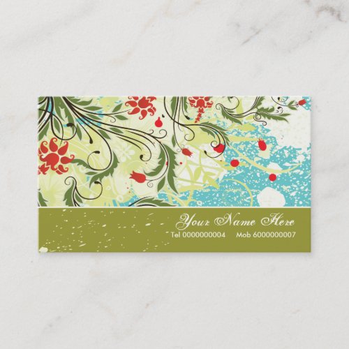 Vintage red flowers olive green turquoise grunge business card