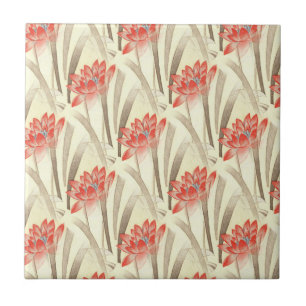 Vintage Red Flowers on Beige Pattern Ceramic Tile