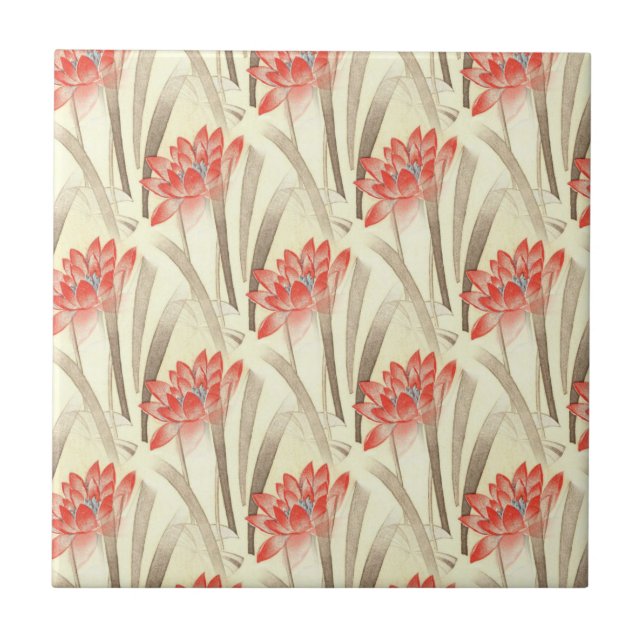 Vintage Red Flowers on Beige Pattern Ceramic Tile (Front)