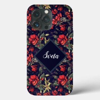 Vintage Red Flowers & Your Name iPhone 13 Pro Case