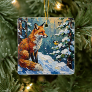 Vintage Red Fox and Chickadees Christmas Painting Ceramic Ornament