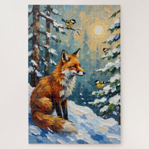 Vintage Red Fox and Chickadees Christmas Painting Jigsaw Puzzle