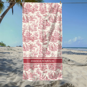 Vintage Red French Country Pastoral Toile Scenic Beach Towel