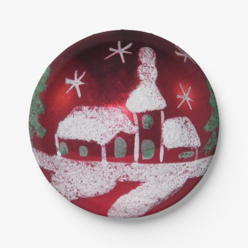 Vintage Red Glass Ball Christmas Snow House Church Paper Plates