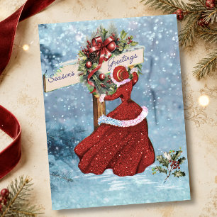 Vintage Red Glitter Holiday Wreath Girl Thank You Card
